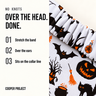 How the Halloween Dog Bandana — Orange Reverse goes on: over the head, no knots