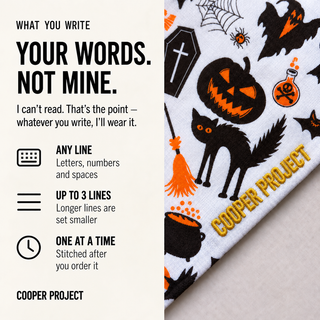 Halloween Dog Bandana — Orange Reverse: three lines of your own words, stitched