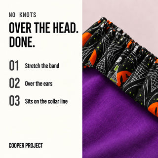 How the Haunted House Dog Bandana goes on: over the head, no knots