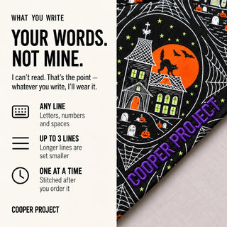 Haunted House Dog Bandana: three lines of your own words, stitched