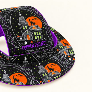 The Haunted House Dog Bucket Hat from the front, brim and ear openings