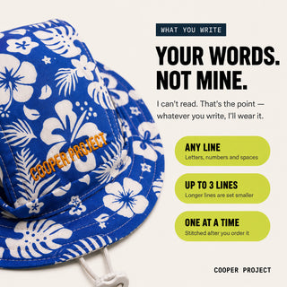Hawaii Dog Bucket Hat: three lines of your own words, stitched