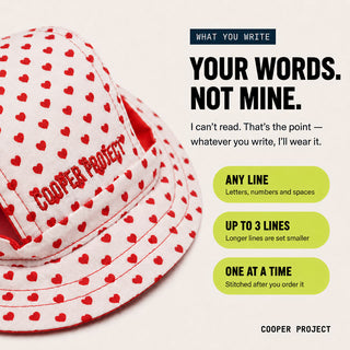 Hearts Dog Bucket Hat: three lines of your own words, stitched