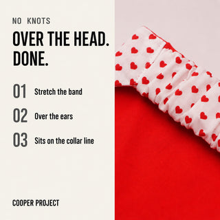 How the Hearts Dog Bandana — Red Reverse goes on: over the head, no knots