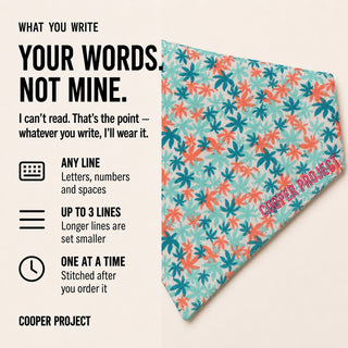 Hemp Leaf Dog Bandana: three lines of your own words, stitched