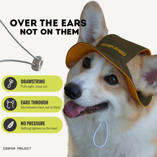 How the Khaki Dog Bucket Hat — Yellow Lining sits: over the ears, not on them