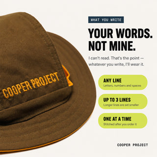 Khaki Dog Bucket Hat — Yellow Lining: three lines of your own words, stitched