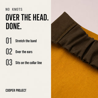How the Khaki Dog Bandana — Red Reverse goes on: over the head, no knots