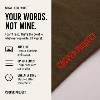 Khaki Dog Bandana — Red Reverse: three lines of your own words, stitched
