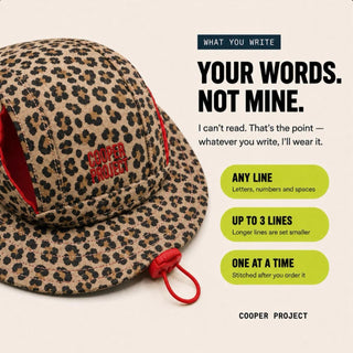 Leopard Dog Bucket Hat — Red Lining: three lines of your own words, stitched