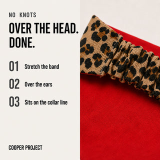 How the Leopard Dog Bandana — Red Reverse goes on: over the head, no knots