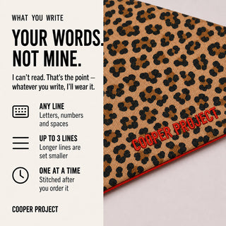 Leopard Dog Bandana — Red Reverse: three lines of your own words, stitched