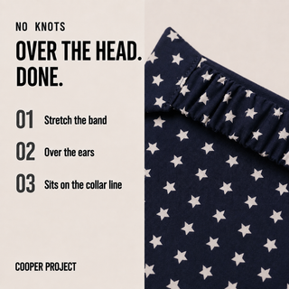 How the Navy Star Dog Bandana goes on: over the head, no knots
