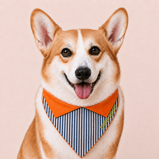 A corgi wearing the Navy Stripe Dog Bandana — Orange Reverse