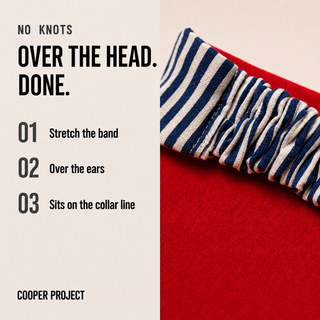 How the Navy Stripe Dog Bandana — Red Reverse goes on: over the head, no knots