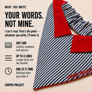 Navy Stripe Dog Bandana — Red Reverse: three lines of your own words, stitched
