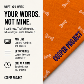 Orange Bone Dog Bandana — Violet Reverse: three lines of your own words, stitched