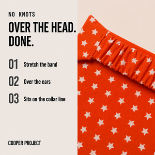 How the Orange Star Dog Bandana goes on: over the head, no knots