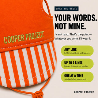 Orange Stripe Dog Cap: three lines of your own words, stitched