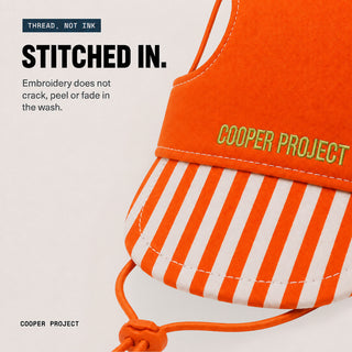 Close-up of the embroidery on the Orange Stripe Dog Cap