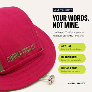 Pink Dog Bucket Hat — Yellow Lining: three lines of your own words, stitched