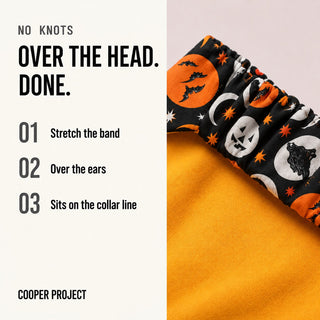 How the Pumpkin Moon Dog Bandana goes on: over the head, no knots