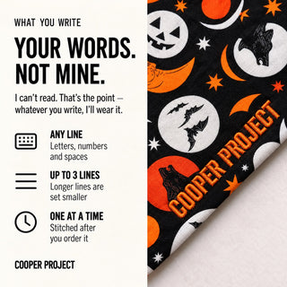Pumpkin Moon Dog Bandana: three lines of your own words, stitched