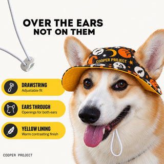How the Pumpkin Moon Dog Bucket Hat sits: over the ears, not on them