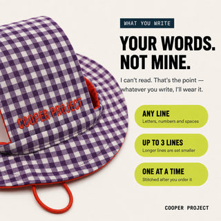 Purple Check Dog Bucket Hat — Red Lining: three lines of your own words, stitched