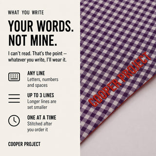 Purple Check Dog Bandana — Red Reverse: three lines of your own words, stitched