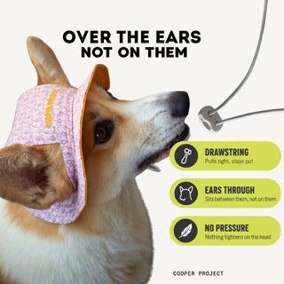 How the Rose Floral Dog Bucket Hat — Orange Lining sits: over the ears, not on them