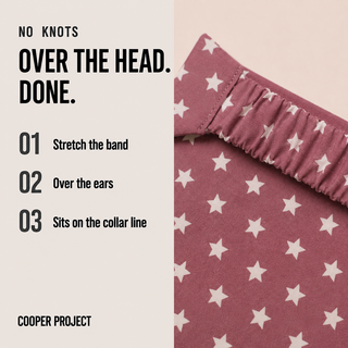 How the Rose Star Dog Bandana goes on: over the head, no knots