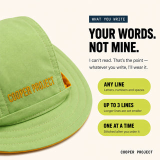 Sage Dog Bucket Hat — Red Lining: three lines of your own words, stitched