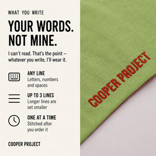 Sage Dog Bandana — Raspberry Reverse: three lines of your own words, stitched