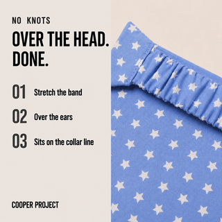 How the Sky Blue Star Dog Bandana goes on: over the head, no knots