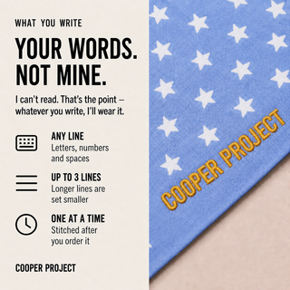 Sky Blue Star Dog Bandana: three lines of your own words, stitched