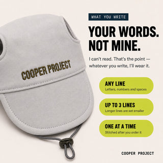 Stone Dog Cap: three lines of your own words, stitched