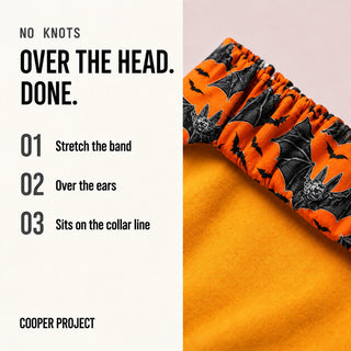 How the Vintage Bats Dog Bandana goes on: over the head, no knots