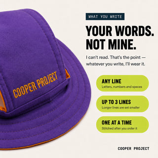 Violet Dog Bucket Hat — Sage Lining: three lines of your own words, stitched
