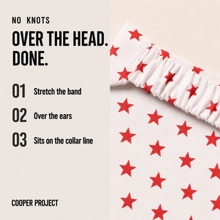 How the White Star Dog Bandana goes on: over the head, no knots