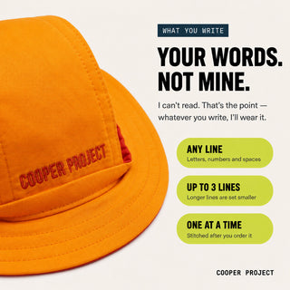 Yellow Dog Bucket Hat — Red Lining: three lines of your own words, stitched