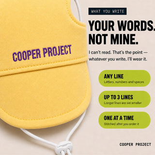 Yellow Dog Cap: three lines of your own words, stitched