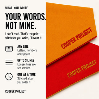Yellow Dog Bandana — Red Reverse: three lines of your own words, stitched